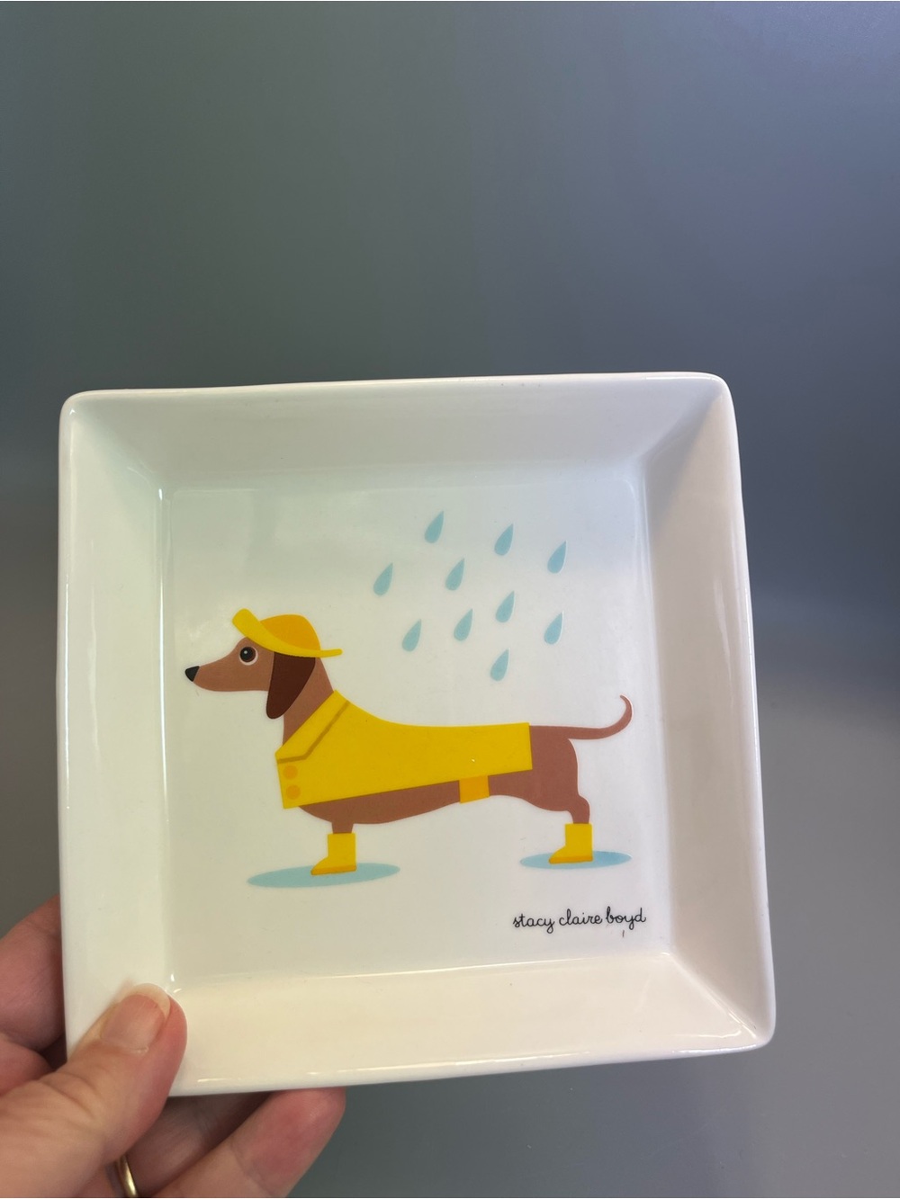 Dachshund Dog Rainy Day Ceramic Trinket Dish By Stacy Claire Boyd 5.25” Square